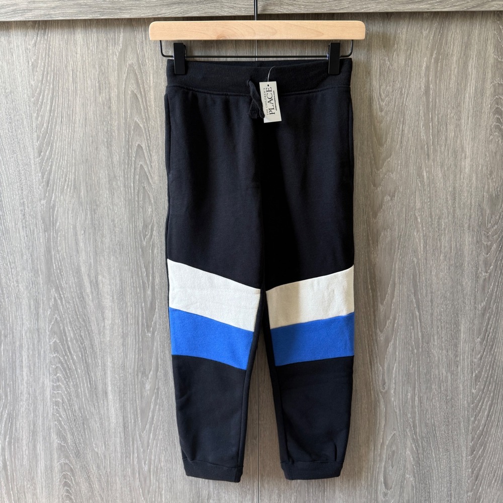 The Children's Place Fleece Jogger Sweatpants Boys 7/8 Black Blue Colorblock NWT